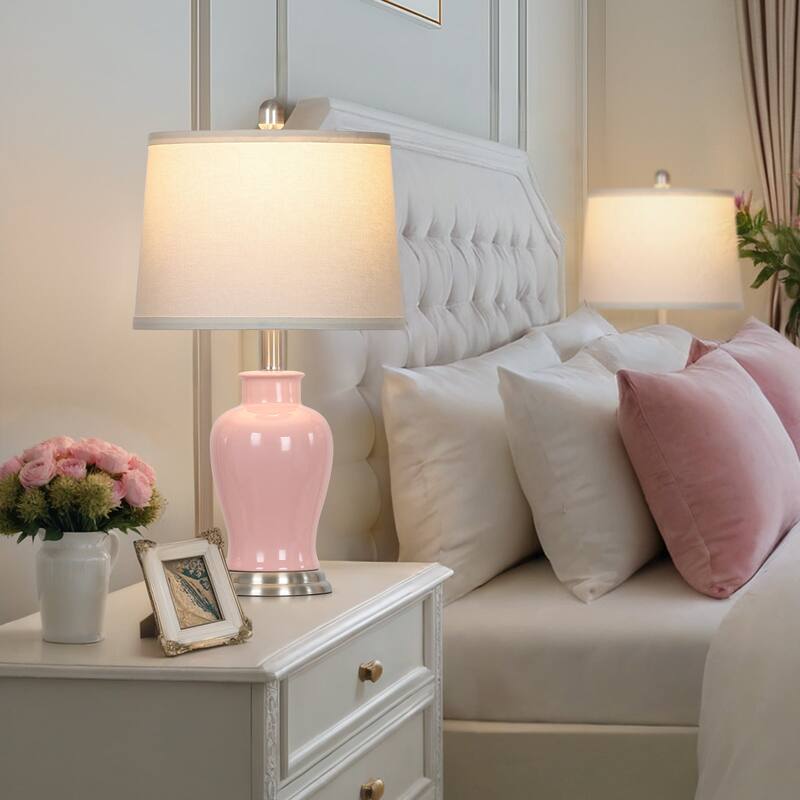 23-Inch Ceramic Ginger Jar Table Lamp with White Fabric Shade and LED Bulb