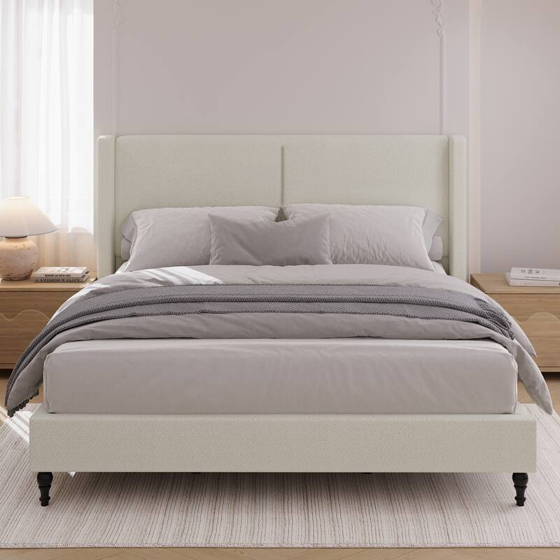 GDFStudio - Jinie 55.5" High Back Upholstered Headboard Bed Frame with Slat Support and Wooden Feet