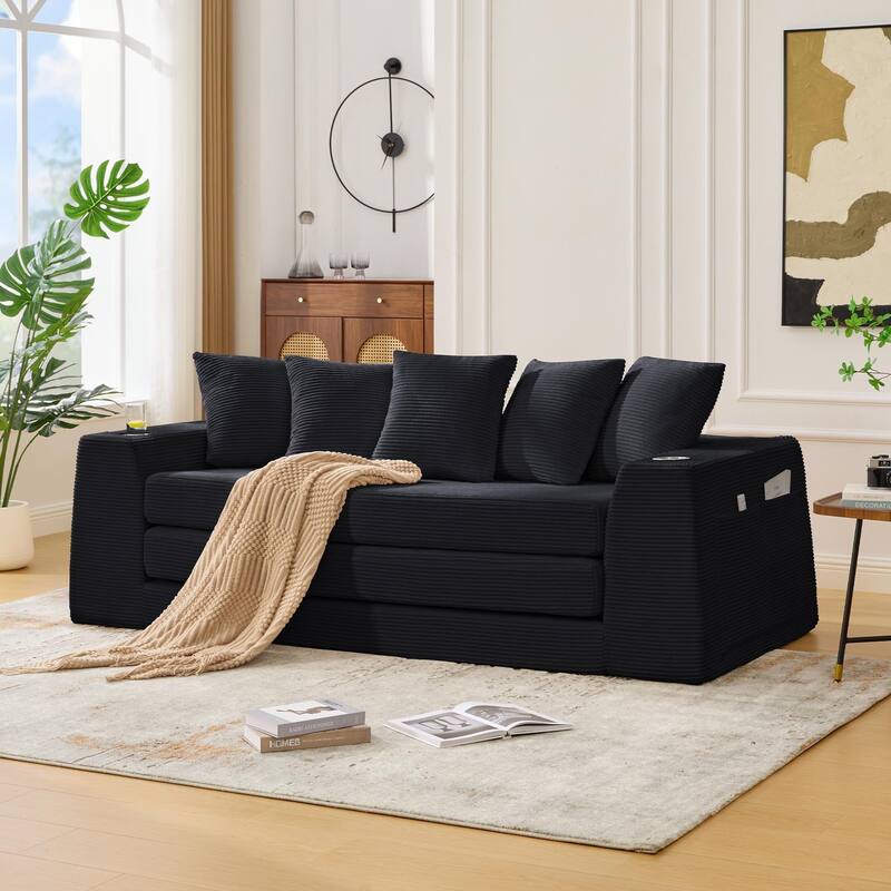 2 in 1 Convertible Sofa Bed, Sleeper Sofa with Storage Pockets, Pull Out Loveseat Couch with Two Cup Holders