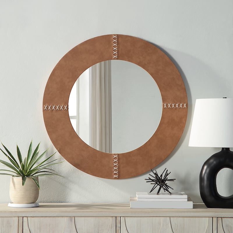 Azalea Park 31.75" Tan Faux Leather Round Wall Mirror
