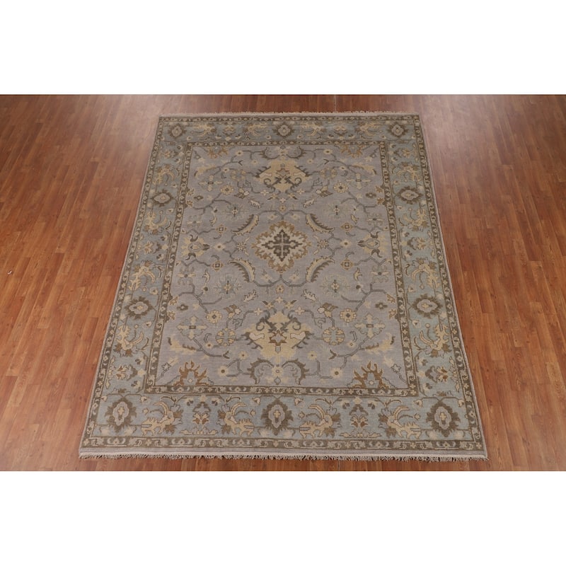All-Over Gray Oushak Indian Area Rug Hand-Knotted Wool Carpet - 7'11"x 10'0"