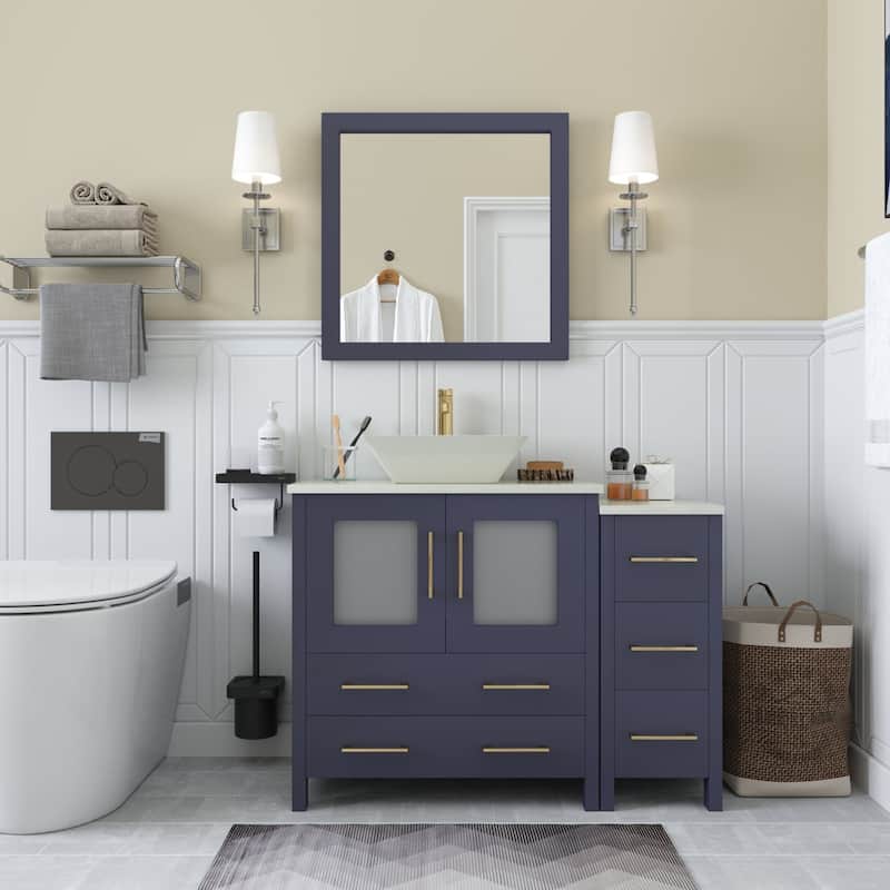 Vanity Art 42" Single Sink Bathroom Vanity Set with Engineered Marble Top and Free Mirror - 42 x 18.5 x 36 Inches - Blue