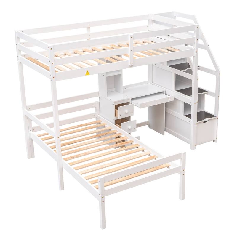Twin Size Loft Bed with Stand-alone Bed, Storage Staircase, Desk, Shelves, and Drawers in White