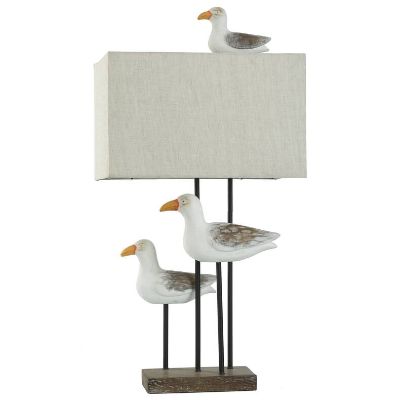 Piper Shore Table Lamp - Polyresin Brushed Body - Coastal Seagulls - Oatmeal Shade - Brushed Brown, Black, White, Orange, Oatmeal