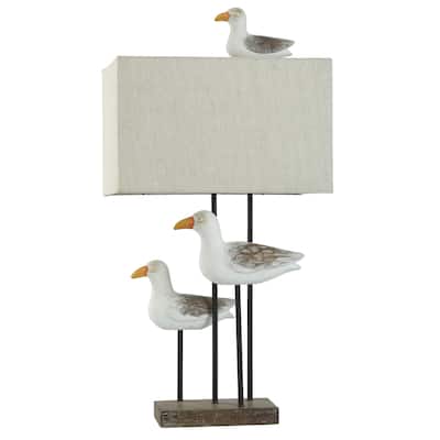 Piper Shore Table Lamp - Polyresin Brushed Body - Coastal Seagulls - Oatmeal Shade