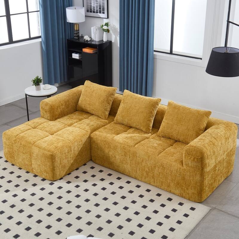 98.42" Modern Chenille L-shaped Modular Sectional Sofa with Chaise Lounge and Small Side Pockets - Yellow