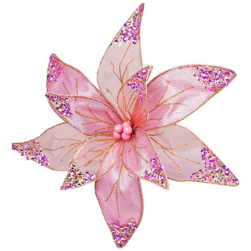 Glitter and Sequin Poinsettia Clip-on Christmas Ornament - 11.5" - Pink and Gold