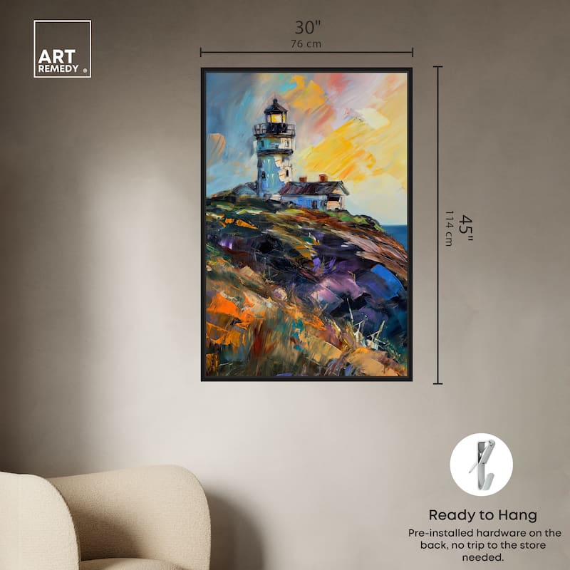 Art Remedy Colorful Lighthouse Framed Impressionism 1 Piece Canvas Wall Art /Monet And Van Gogh Inspired Art