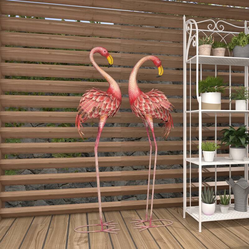 Pink Metal Indoor Outdoor Standing Flamingo Decorative Garden Sculpture with Yellow Accents and Coiled U Shaped Feet (Set of 2)