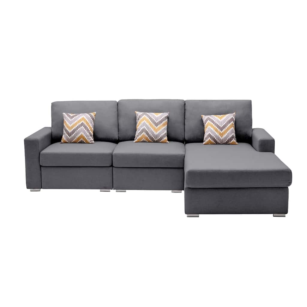 Linen Fabric 3 Piece Reversible Sectional Sofa Chaise with Pillows and Interchangeable Legs in Grey
