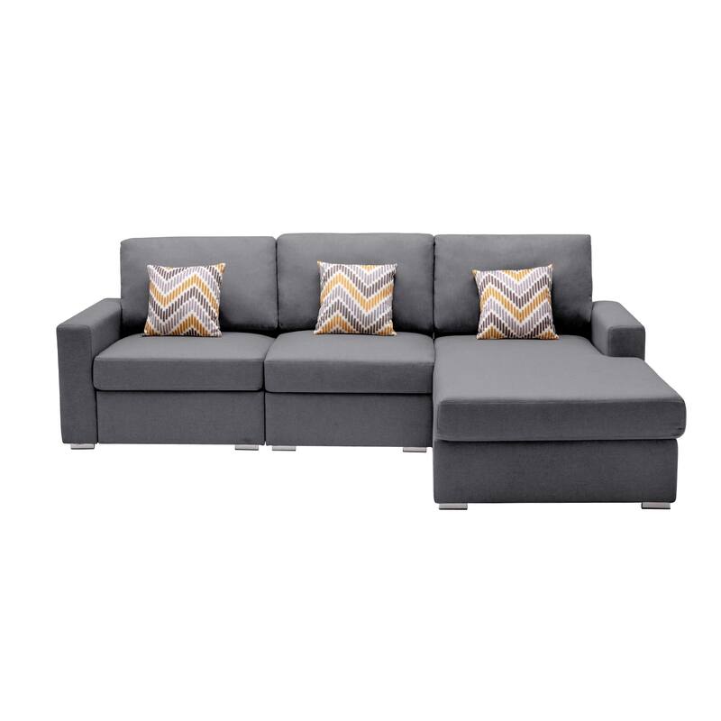 Linen Fabric 3 Piece Reversible Sectional Sofa Chaise with Pillows and Interchangeable Legs in Grey - 3 Piece - Gray