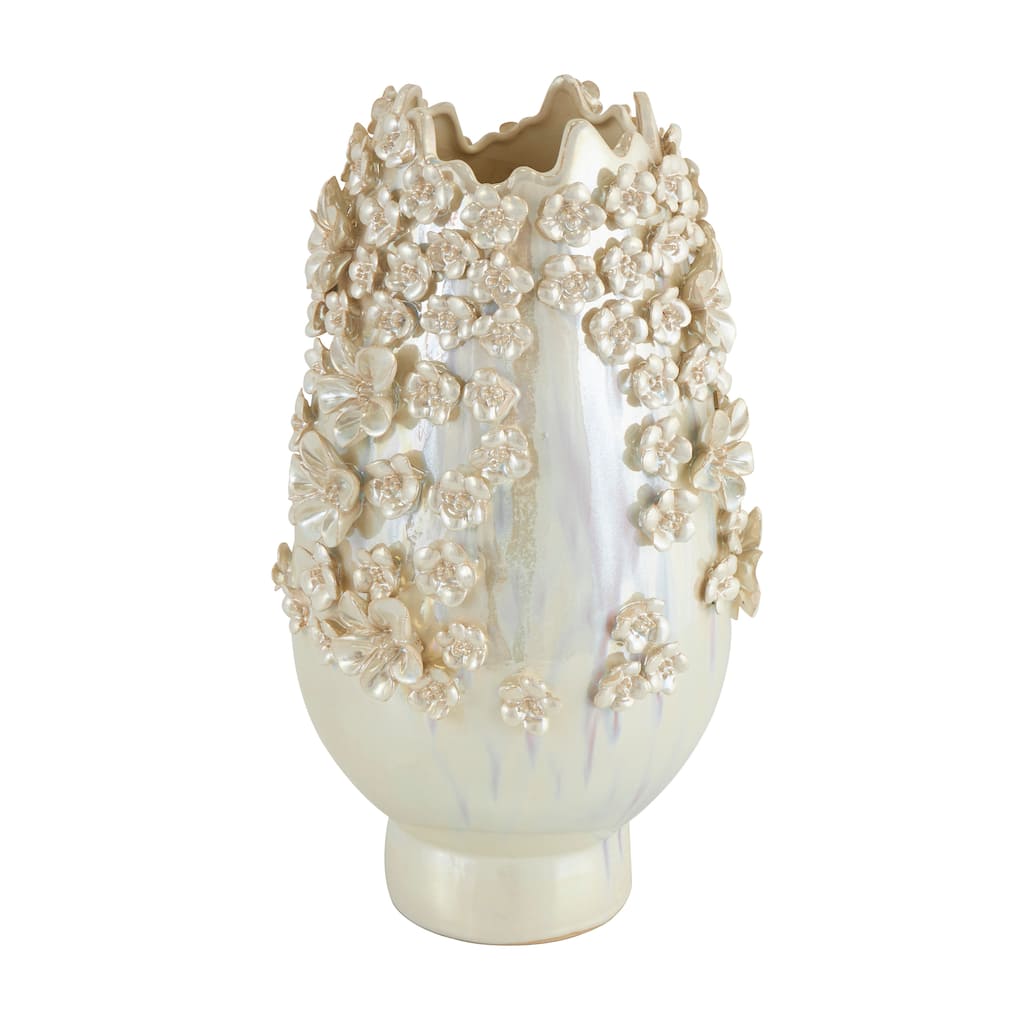 Ceramic Floral 3D Vase with Iridescent Glaze - Cream - Roche River Decor - 9"W x 9"L x 16"H