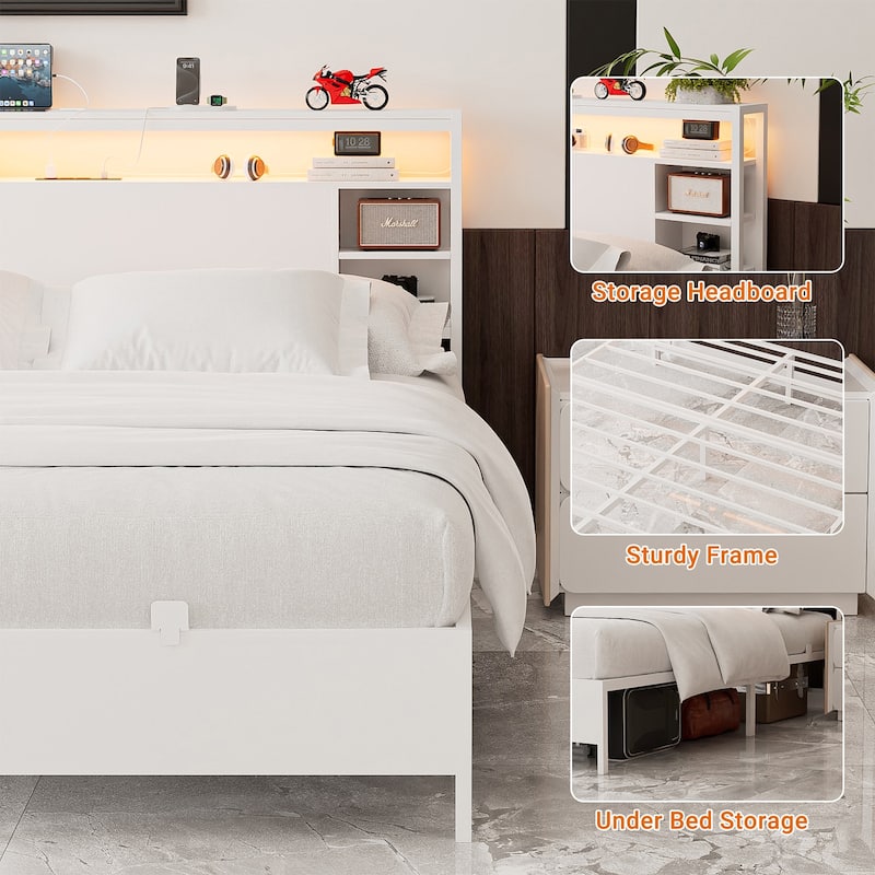 Bed Frame with Charging Station and RGB LED Lights, Sturdy Platform Bed with Storage Headboard,