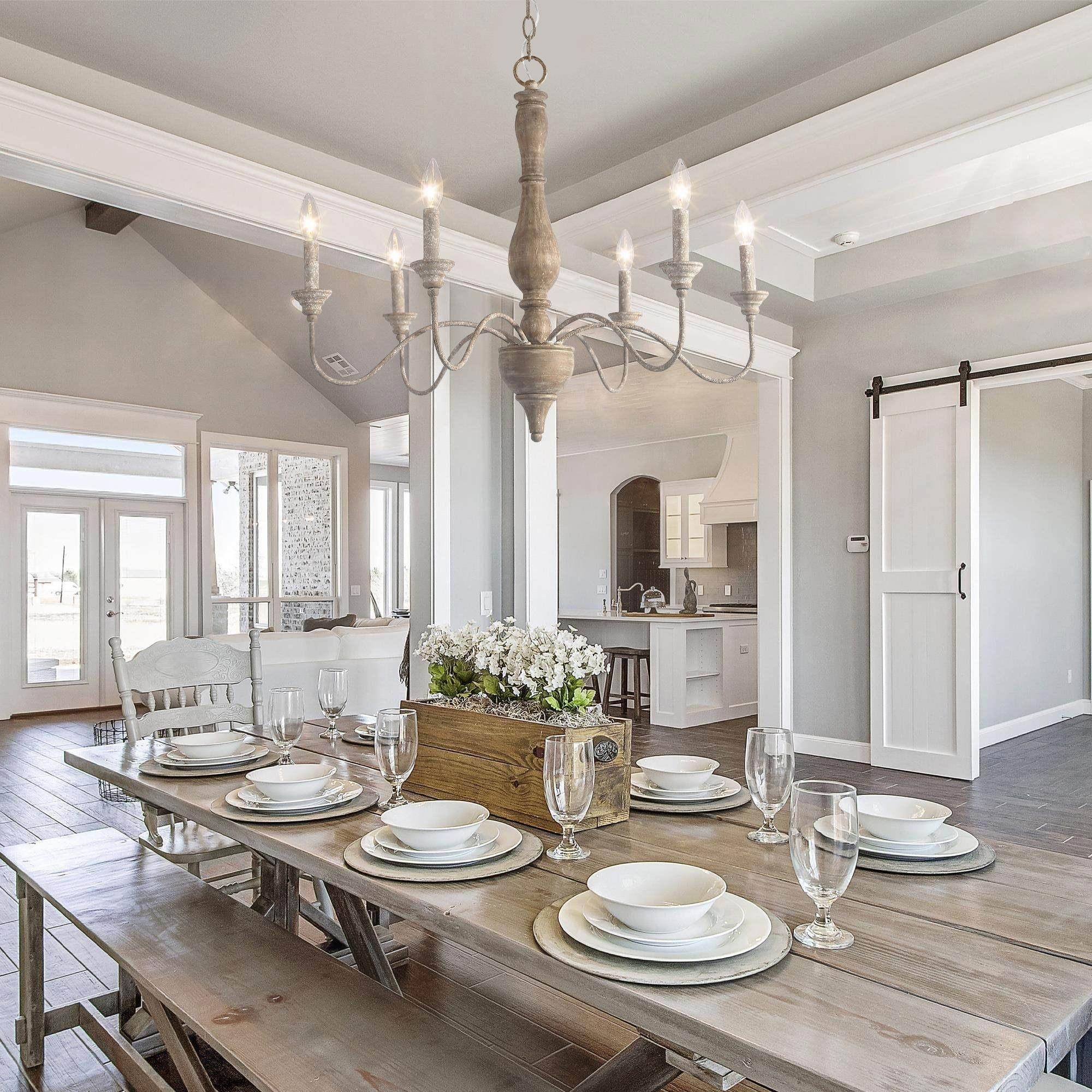LALUZ Farmhouse 6-Light Wood French Country Chandelier for Dining Living Room