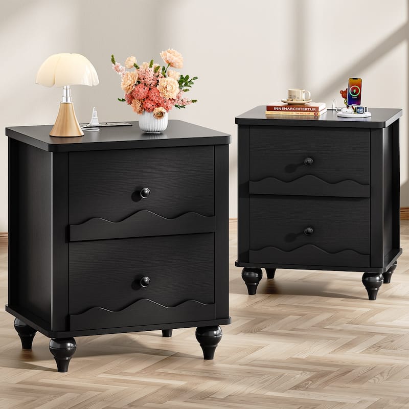 Modern Nightstand with Charging Station, Side End Table with 2 Drawers - Black - 4-drawer