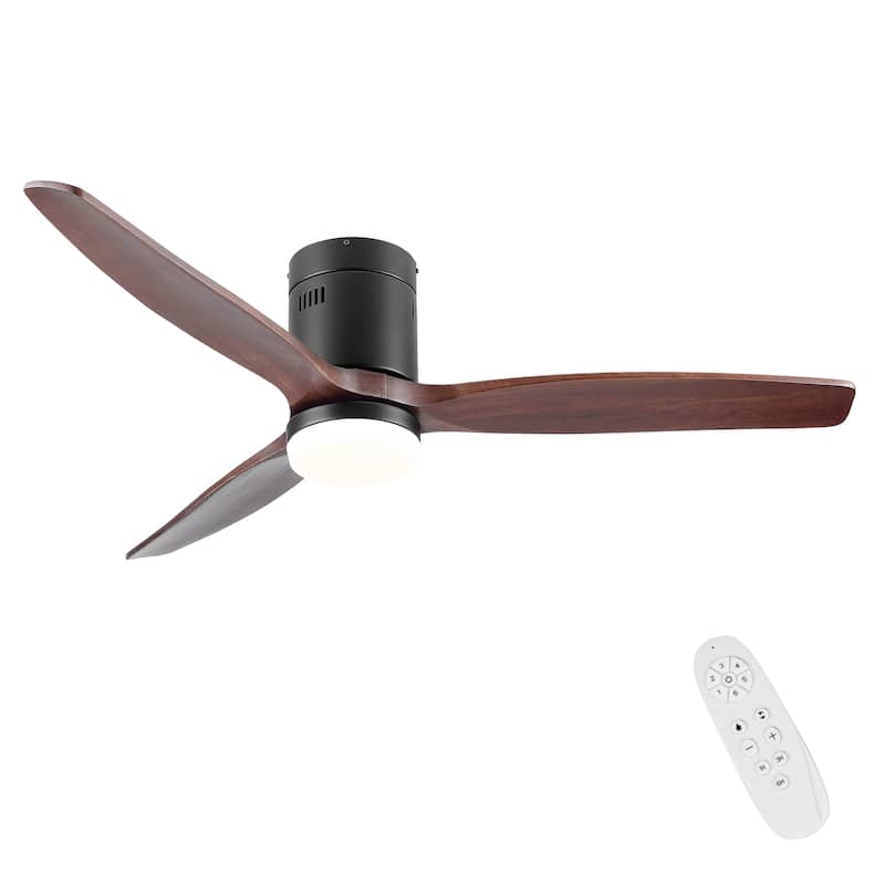 52In. Farmhouse Indoor Flush Mount Low Profile Ceiling Fan with Solid Wood Blades and Remote Control - StyleB Black - Flush Mount with Light