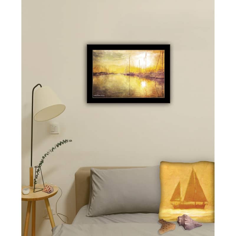 TrendyDecor4U Contemporary "Yellow Sunset Boats In Marina " Framed Print Wall Art