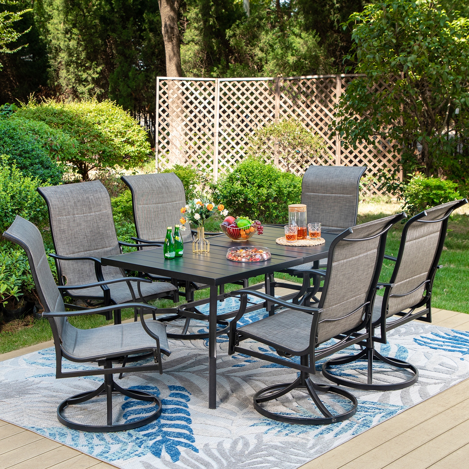 7 Pieces Patio Dining Set 6 x Swivel Dining Textilene Padded Chairs and 1 Metal Table with Umbrella Hole