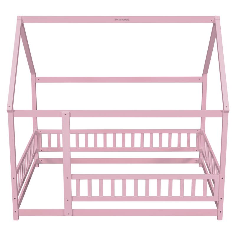 Full Size Wooden Floor Bed with House Roof Frame, Fence Guardrails for Kids, Bedroom