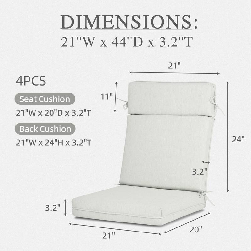 Aoodor Outdoor High Back Dining Chair Cushion Set, 44"x21"x3.2", Set of 4 - 44"x21"x3.2"