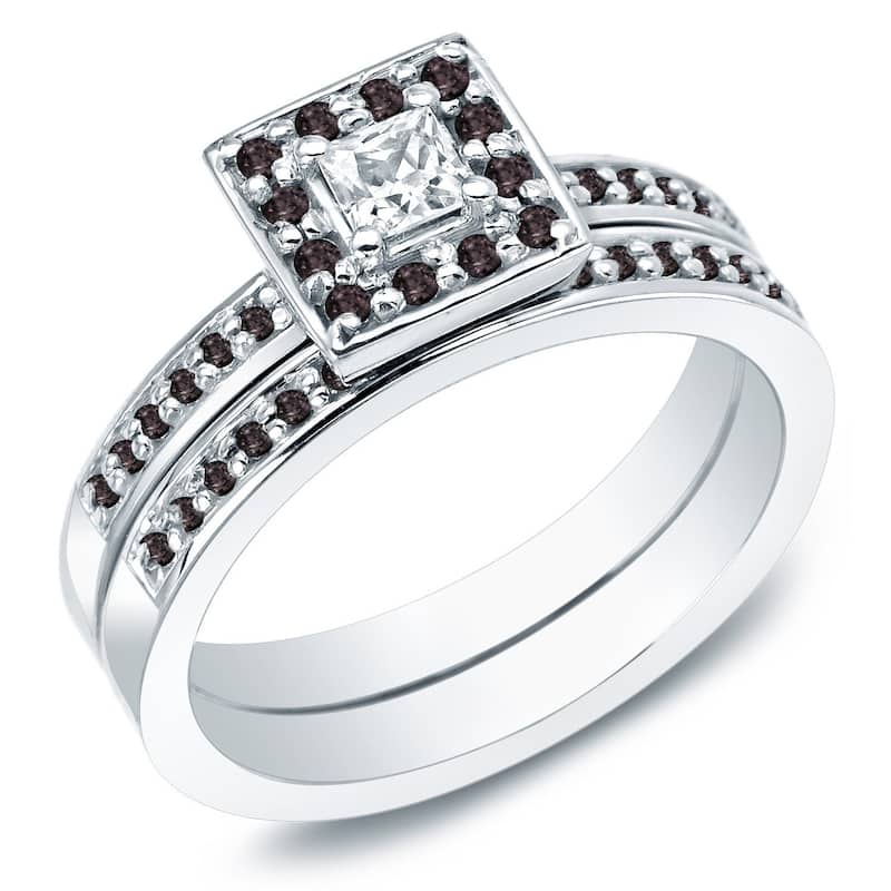 Auriya 14k Gold 1/2ctw Princess Cut Halo Black Diamond Engagement Ring Set - White - 4
