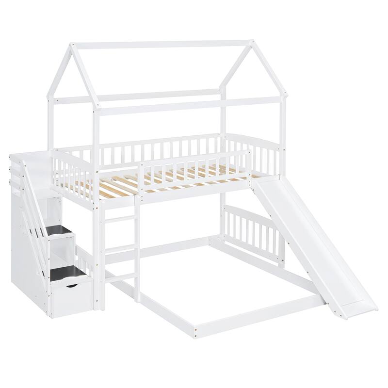 Twin Over Full Bunk Bed with Slide and Storage, White/Gray, Space-Saving Design