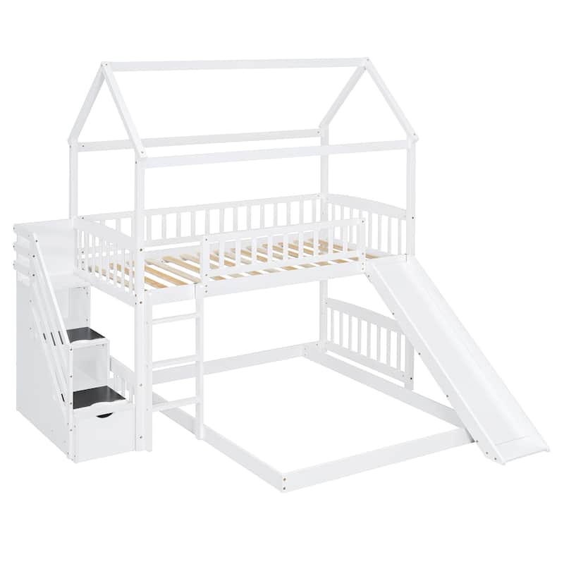 Twin over Twin Pine Wood Bunk Bed with Two Drawers and Slide