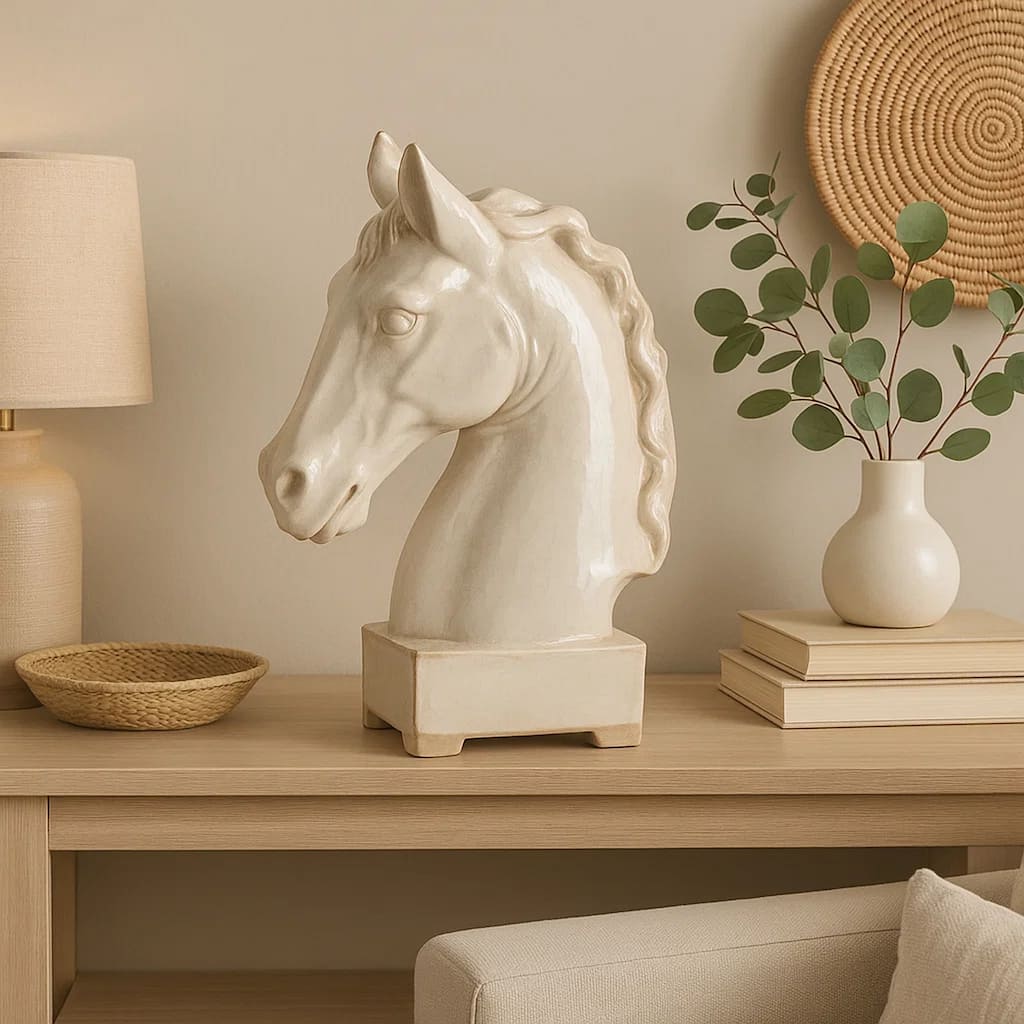 Transitional Style Ceramic Horse Head Decor Piece, Large, Beige