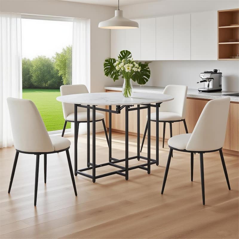 5-Piece Extendable Kitchen Dining Table Set, Round Faux Marble Top with Golden Frame and 4 Upholstered Chairs
