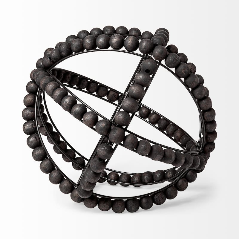 Black Wooden Bead and Metal Orb Sculpture