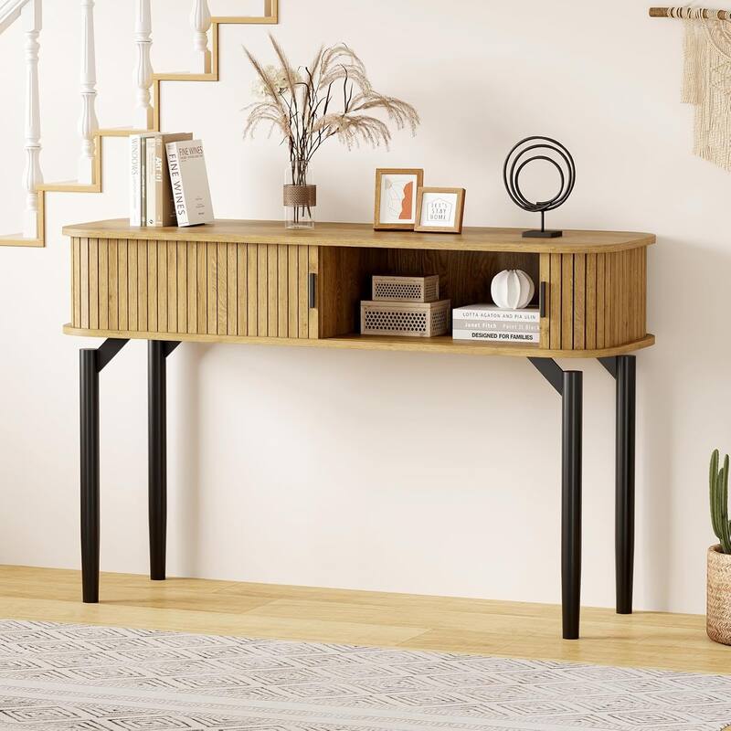 47" Fluted Console Table with Drawers, Narrow Entryway Tables with Storage and Shelves - Oak
