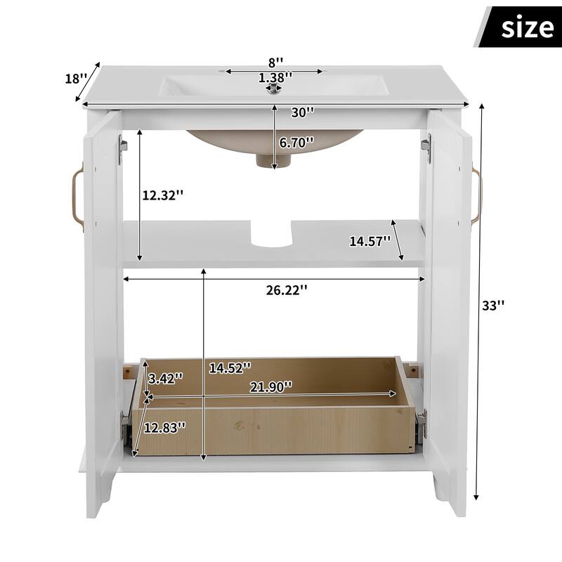 Rural Pastoral Style Bathroom Vanity Freestanding Vertical Stripe Cabinet with Ceramic Sink, Hidden Drawer and Gold Handles