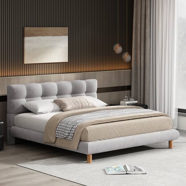 slide 2 of 12, Platform Bed Frame, Chenille Low-Profile Grounded Bed with Cookie Shaped Headboard, Upholstered Wingback Bed wRound Wood Legs Grey