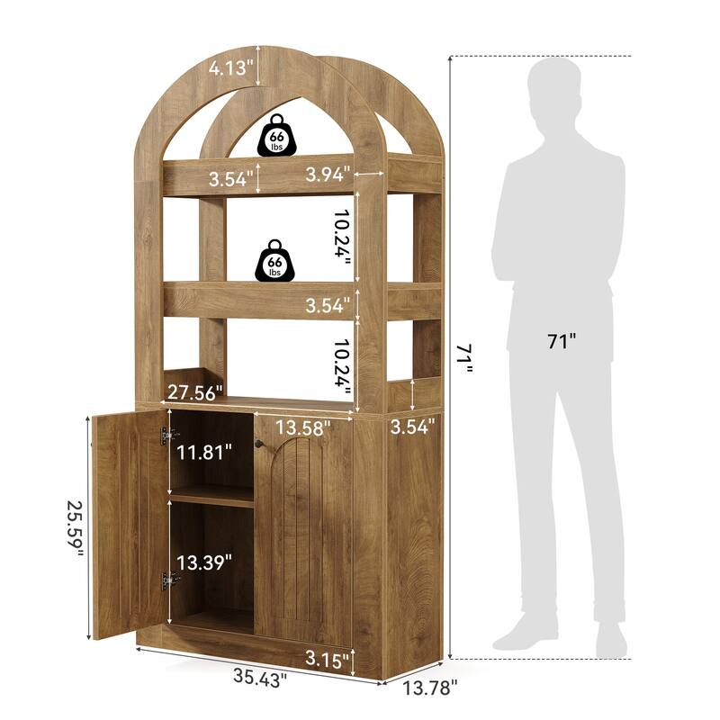 Arched Bookshelf Bookcase with 3-Tier Shelves and a Spacious Cabinet