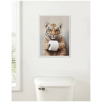 Kate and Laurel Sylvie Tiger Cub Holding Toilet Paper Roll Bathroom Art Framed Canvas by The Creative Bunch Studio