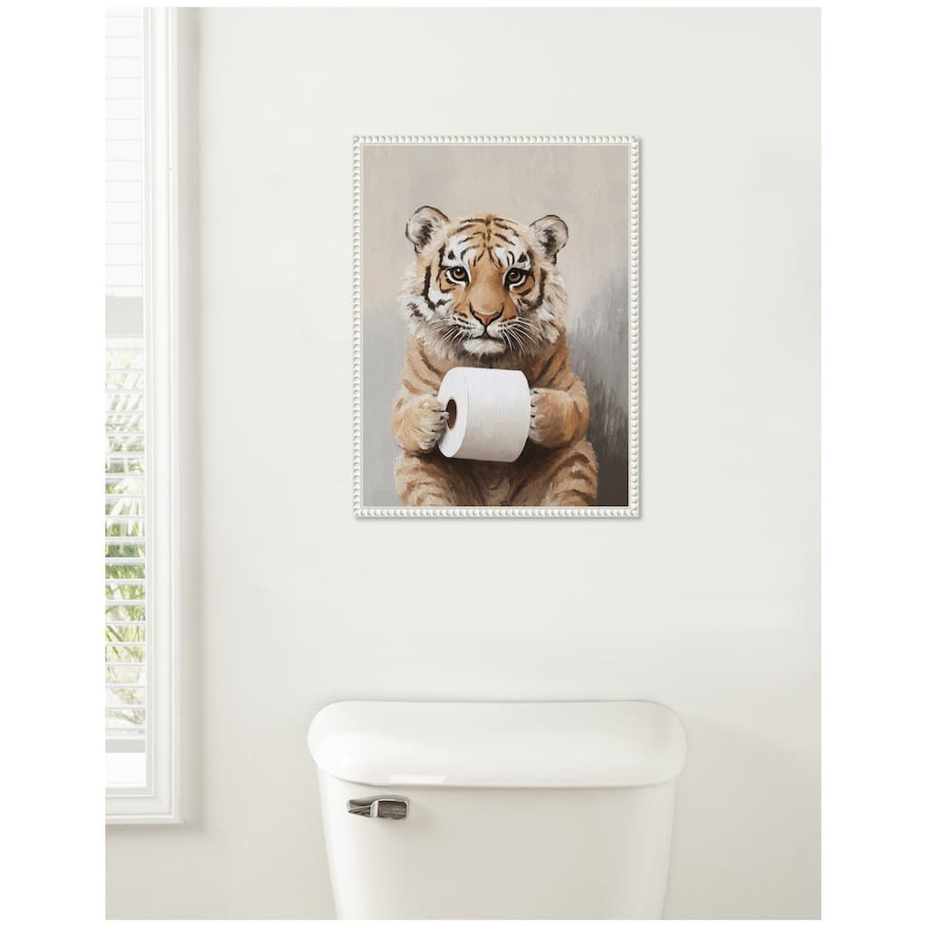 Kate and Laurel Sylvie Tiger Cub Holding Toilet Paper Roll Bathroom Art Framed Canvas by The Creative Bunch Studio