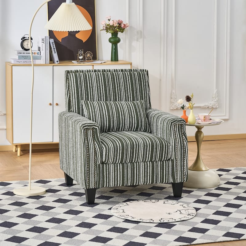 Modern Accent Chair with Arms,Comfy Upholstered Armchair for Living Room,Grey and White Striped Armchair with Nailhead Trim