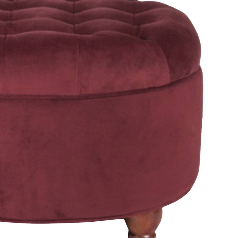 Red Velvet Wooden Ottoman Featuring Tufted Lift-Off Lid Storage - Elegant Piece