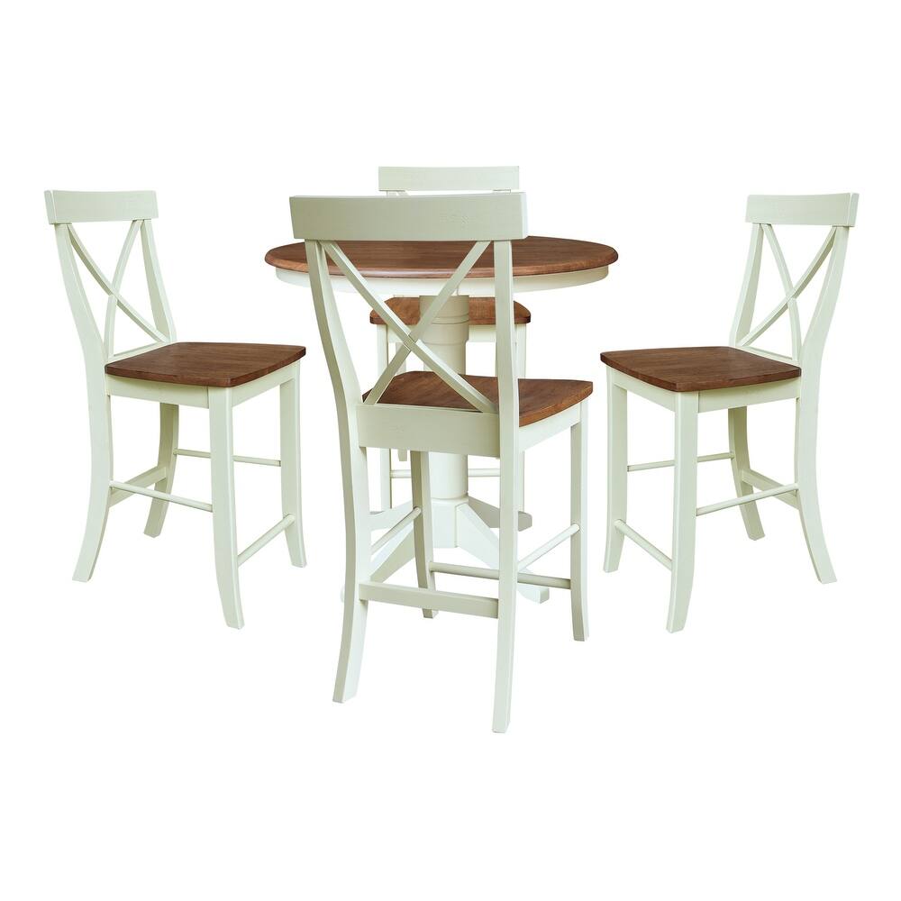36" Round Pedestal Gathering Height Table With X-Back Counter Height Stools