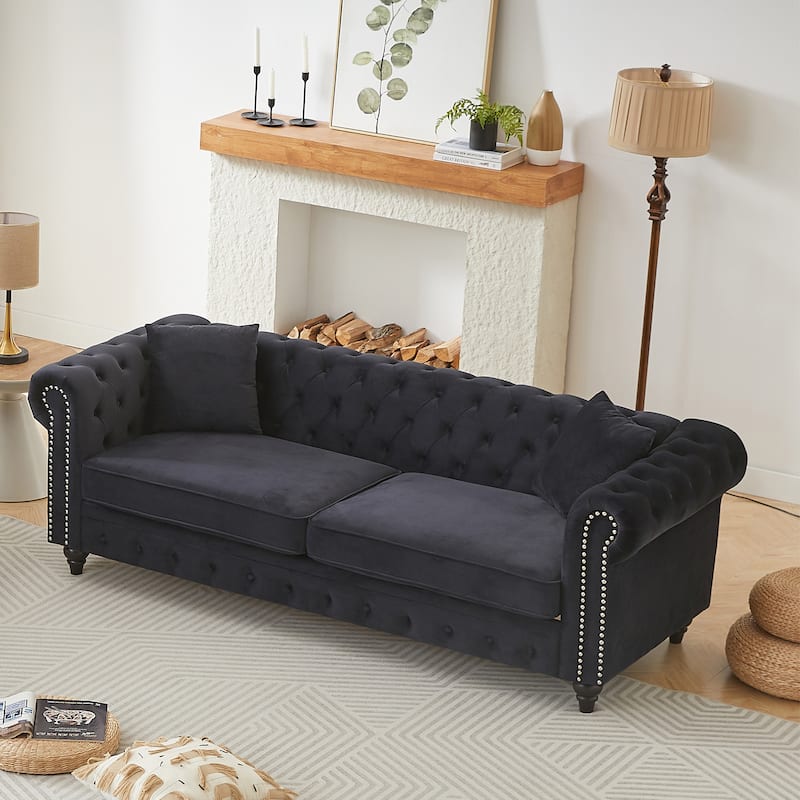 85.5"Living Room With Velvet Chesterfield Sofa With Rolled Arms 3 Seater Sofa With Button Design And 2 Cushions