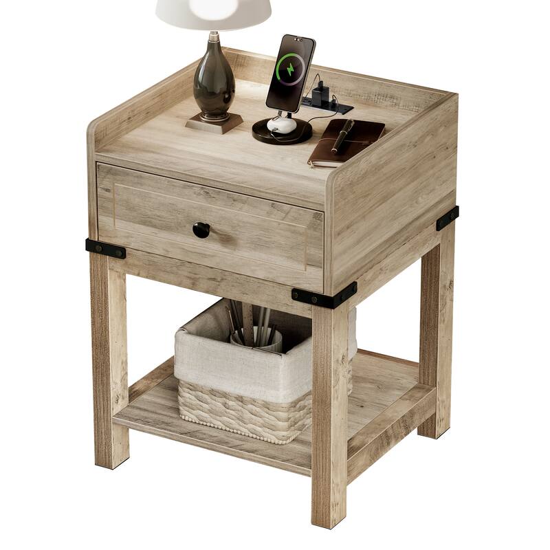 Moasis Farmhouse End Table with Charging Station, USB Ports and Outlets - Grey