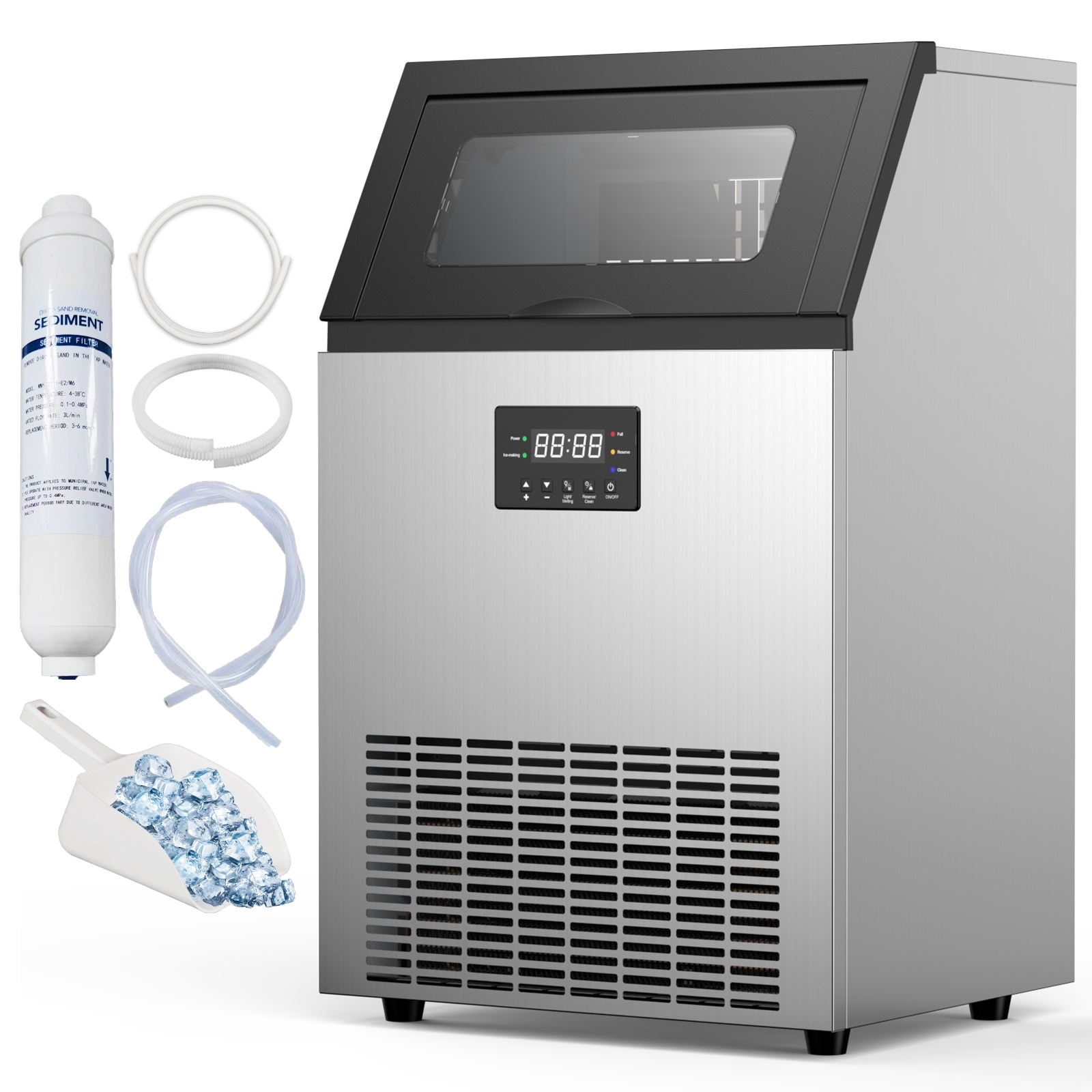 Commercial Ice Maker 200lbs/24H, 50lbs Storage Bin, Under Counter Ice Machine 400W, Freestanding Ice Machine, Self-Cleaning