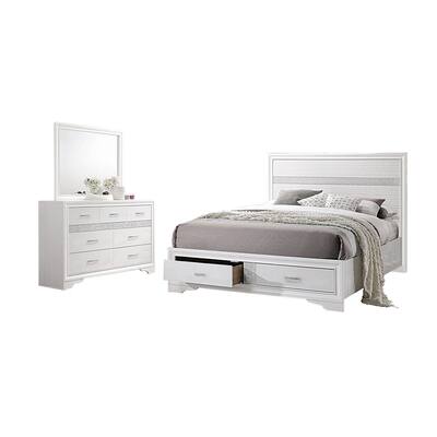 3 Piece Wood Queen Bedroom Set with Decorative Glitter Paneling in White