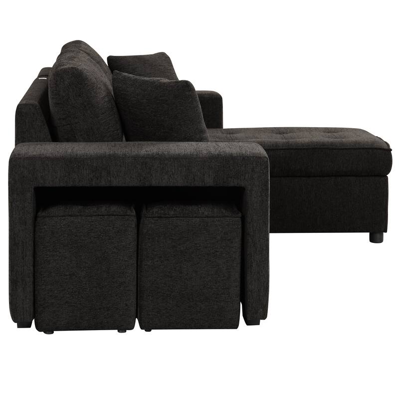 Black 104.5" Charcoal L-Shaped 3-Seater Convertible Sofa with Pull-Out Bed, Storage Chaise, and 2 Convenient Stools