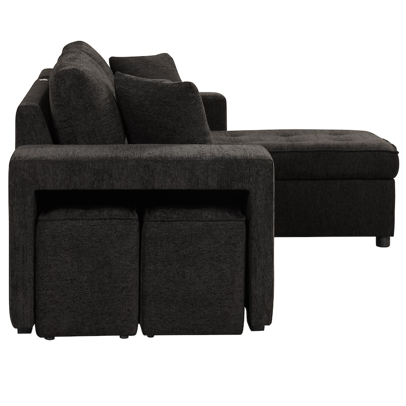 Roomfitters 3-Seater Modern L-Shape Reversible Sectional Couch, Pull-Out Sleeper Sofa with Storage Chaise and Two Stools