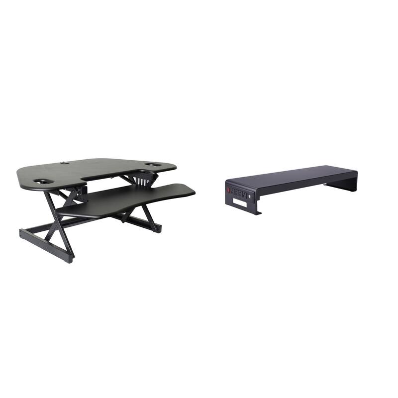 Rocelco 46 in. W Black Height Adjustable Corner Standing Desk Converter with Dual Monitor Stand and Extra Tray Platform