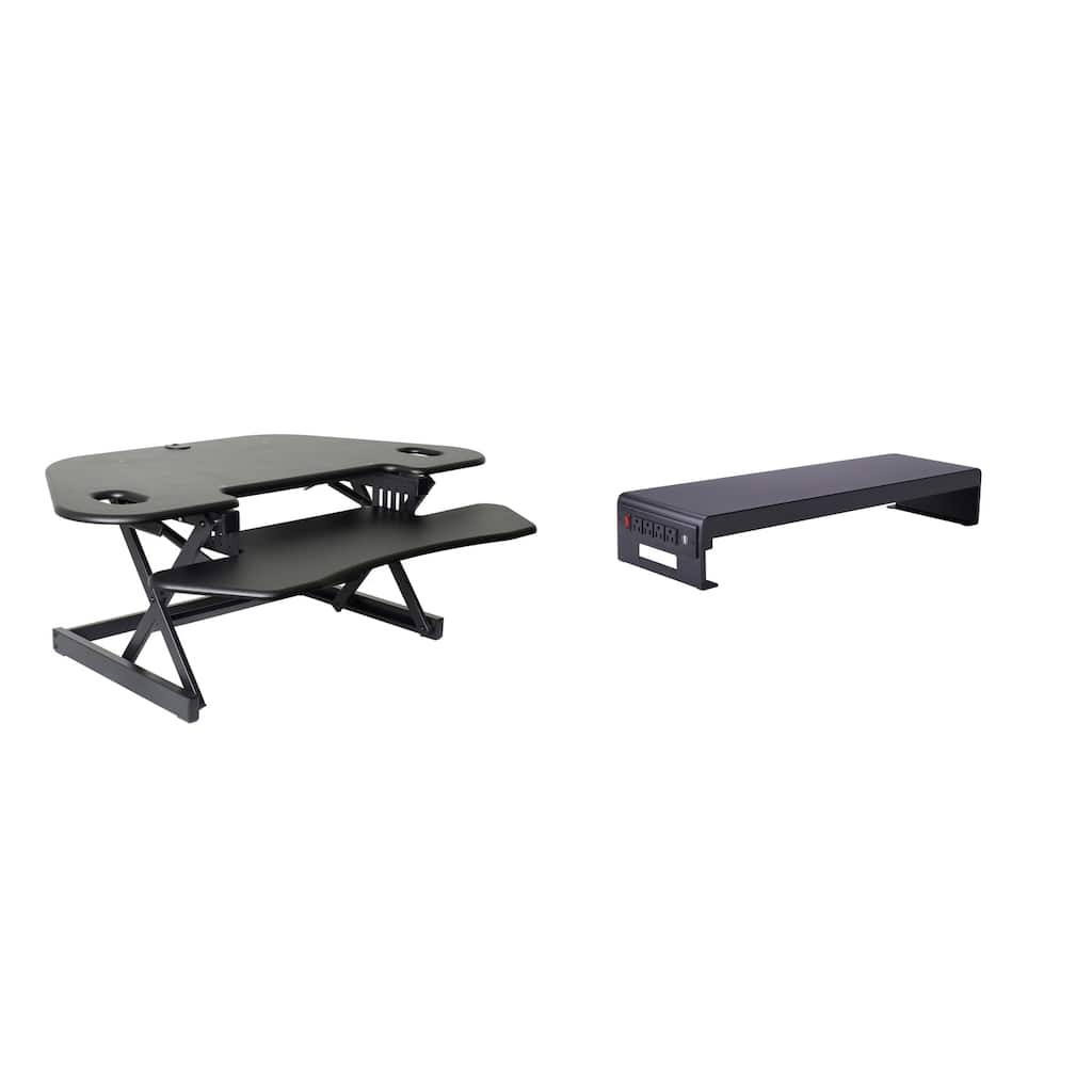 Rocelco 46 in. W Black Height Adjustable Corner Standing Desk Converter with Dual Monitor Stand and Extra Tray Platform