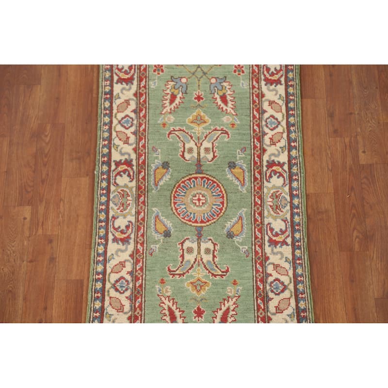 Floral Kazak Runner Rug Handmade Green Wool Carpet - 2'2" x 5'11"