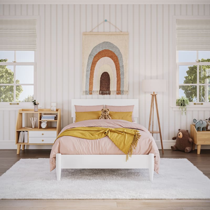 Modern Low Profile Wood Platform Bed - Twin Size Bed Frame, White Finish, Simple Design