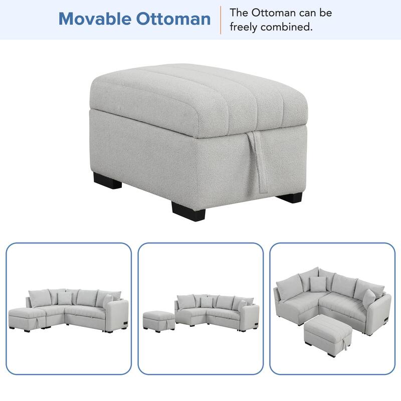 82.6" L-shaped Sofa Bed with USB, Power, Storage Ottoman, Gray